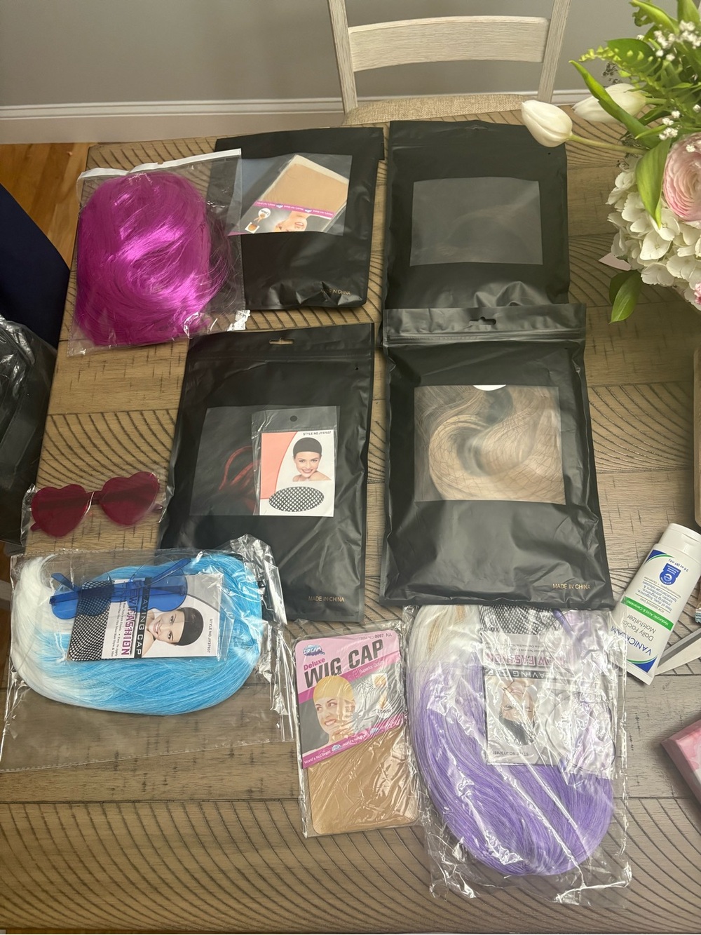 Assorted Wig Caps and Costume Hair with Purple and Pink Pieces